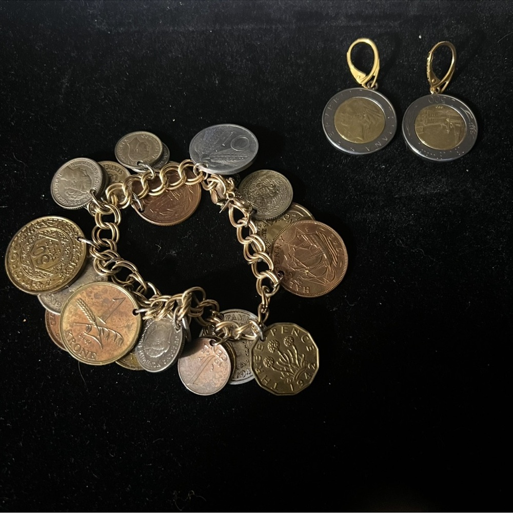 Gold Coin Charm Bracelet and Earrings Set